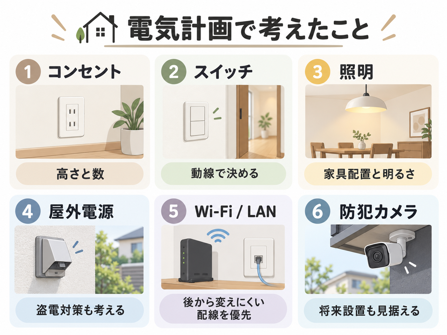 注文住宅の電気計画で検討したコンセント・スイッチ・照明・LAN・屋外電源・防犯カメラ