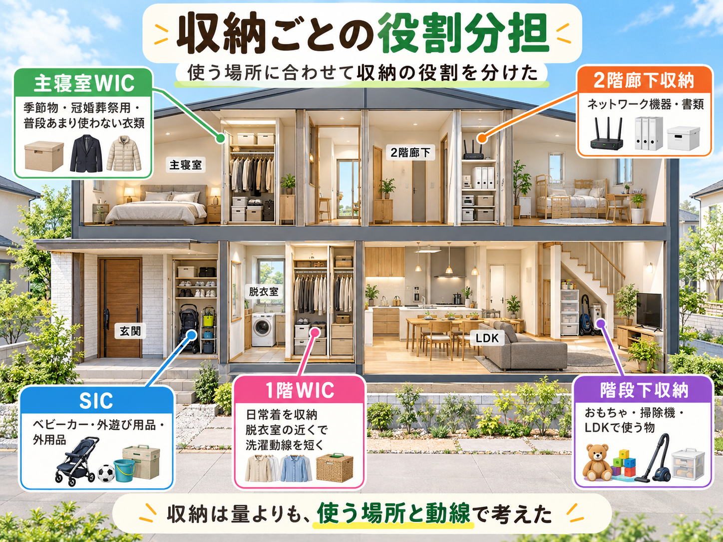 1階WIC・SIC・階段下収納・主寝室WIC・2階廊下収納の役割を家の断面図で整理した収納計画の図caption: わが家では、1階WIC・SIC・階段下収納・主寝室WIC・2階廊下収納など、それぞれの場所で使う物に合わせて収納の役割を分けました。